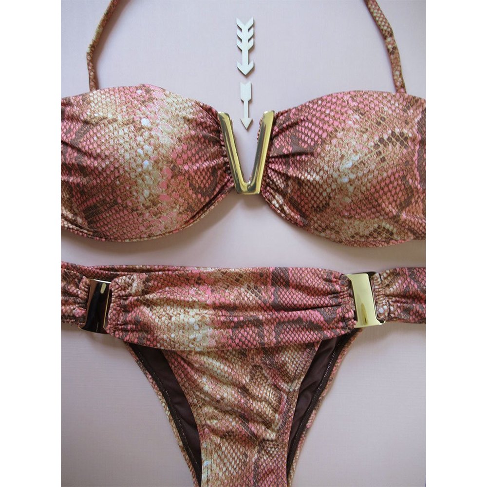 Brigitte Coral Snakeskin Bikini w/Gold Trim